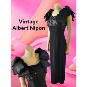 Vintage Hollywood Glam Albert Nipon Nights Formal Dress Gown Black Sheath Sz 10